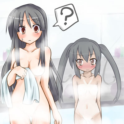 00s 2girls ? akiyama_mio arms_behind_back black_hair blush breast_awe breasts brown_eyes censored convenient_censoring flat_chest holding holding_towel k-on! long_hair looking_at_breasts medium_breasts multiple_girls nakano_azusa navel nude standing steam steam_censor sweatdrop tan tanline towel twintails water yuri