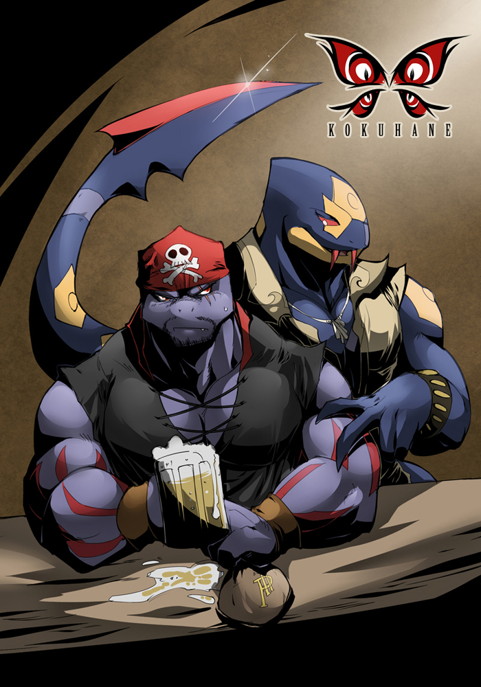 2012 alcohol anthro arm_markings bandanna beard beer beverage biceps big_tail black_clothing black_topwear bracelet brown_background clothed clothing coin_purse cup digital_media_(artwork) duo eye_scar facial_hair facial_scar fangs holding_cup holding_object jewelry kokuhane long_tail machoke male markings muscular muscular_male nintendo pecs pirate pok&eacute;mon purple_body purple_tail red_eyes red_markings reptile scalie scar seviper simple_background snake vest video_games watermark wristband