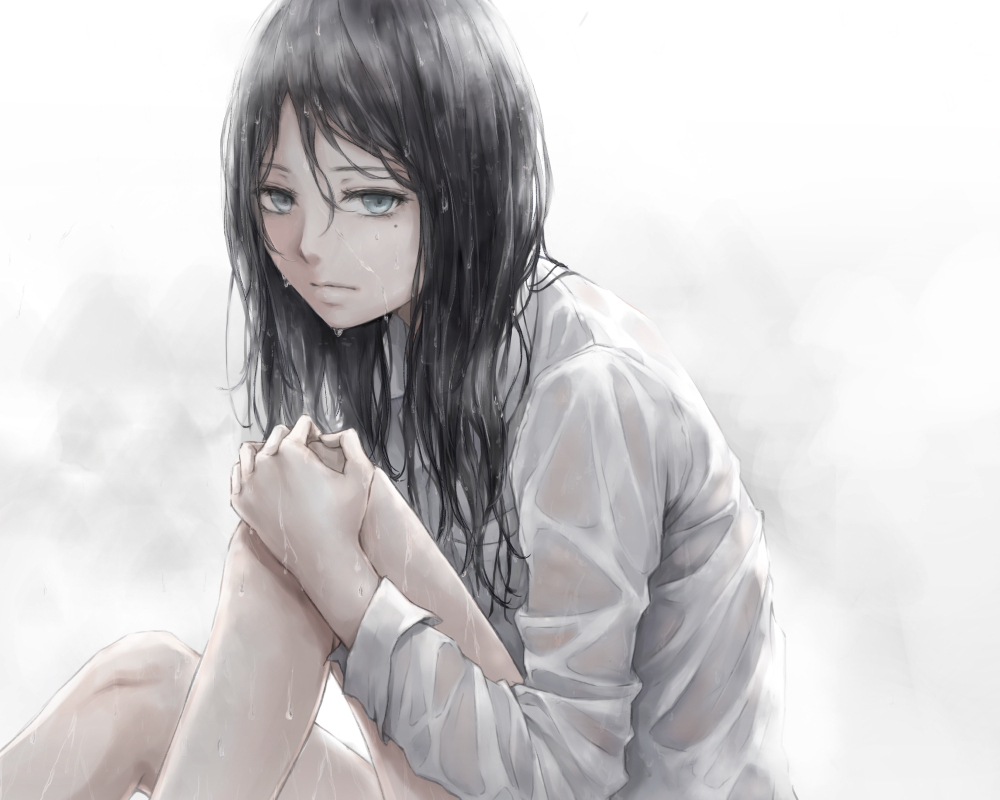 bad_id bad_pixiv_id bangs black_hair blue_eyes closed_mouth commentary from_side hair_between_eyes hand_on_own_knee long_sleeves looking_at_viewer looking_to_the_side mole mole_under_eye nuwanko original shirt sitting solo wet wet_clothes wet_hair white_shirt