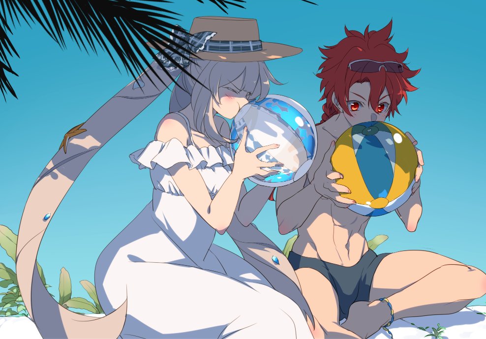 1girl abs alexander_(fate/grand_order) anklet ball bare_shoulders beachball blowing chaldea_beach_volleyball cis05 closed_eyes collarbone day dress eyewear_on_head fate/grand_order fate_(series) hat jewelry male_swimwear marie_antoinette_(fate/grand_order) marie_antoinette_(swimsuit_caster)_(fate) navel palm_tree puffy_cheeks red_eyes red_hair silver_hair sky sun_hat sunglasses swim_briefs swimwear tree twintails