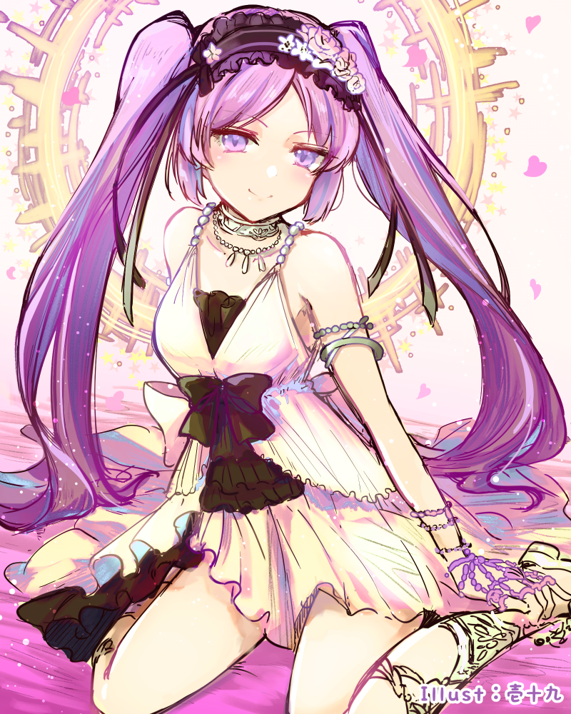 anklet armlet artist_name black_hairband bracelet choker collarbone dress euryale eyebrows_visible_through_hair fate/hollow_ataraxia fate_(series) flower hair_flower hair_ornament hairband ittokyu jewelry kneehighs lolita_hairband long_hair looking_at_viewer necklace pink_flower purple_eyes purple_hair short_dress sketch sleeveless sleeveless_dress smile solo twintails very_long_hair white_dress white_flower