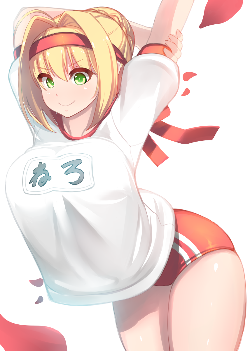 arched_back arms_up bangs blonde_hair braid buruma c: closed_mouth commentary_request cowboy_shot curvy eyebrows_visible_through_hair fate/grand_order fate_(series) french_braid green_eyes gym_uniform hair_between_eyes hair_intakes hairband highres name_tag nero_claudius_(fate) nero_claudius_(fate)_(all) olympian_bloomers overhang red_buruma shiki_(psychedelic_g2) shirt short_sleeves sidelocks smile solo stretch thighs tsurime white_shirt