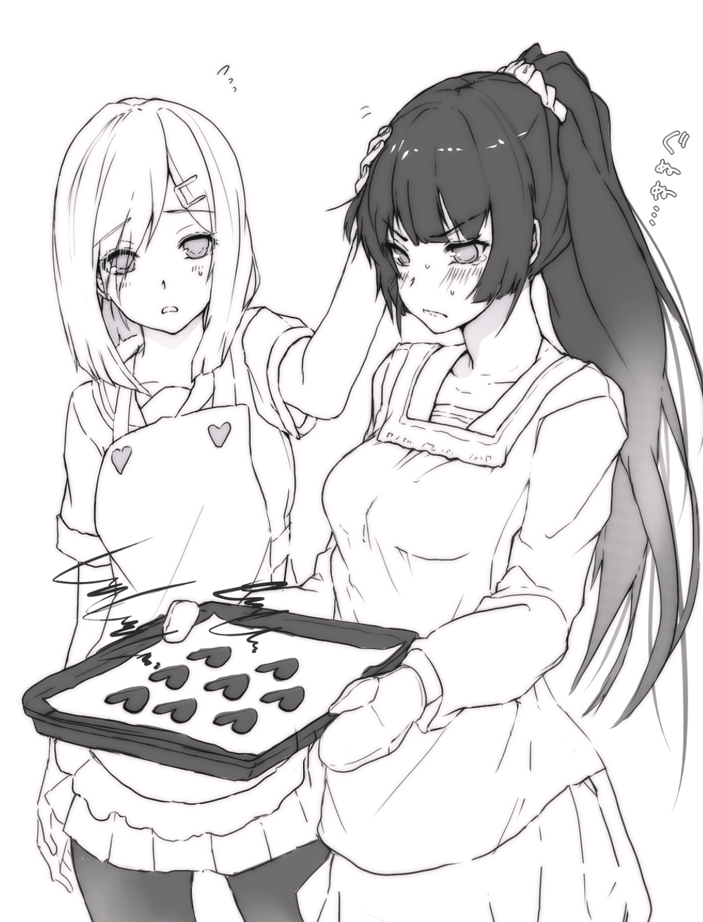 &gt;:( alternate_costume apron baking_sheet blush breasts burnt chocolate chocolate_heart collarbone commentary_request cookie eyes_visible_through_hair flying_sweatdrops food frown gloves greyscale hair_ornament hair_over_one_eye hairclip hamakaze_(kantai_collection) hand_on_another's_head hand_on_head heart highres isokaze_(kantai_collection) kantai_collection kappougi large_breasts long_hair long_sleeves magai_akashi monochrome multiple_girls oven_mitts pantyhose petting pleated_skirt ponytail sad scrunchie simple_background skirt tray v-shaped_eyebrows valentine white_background
