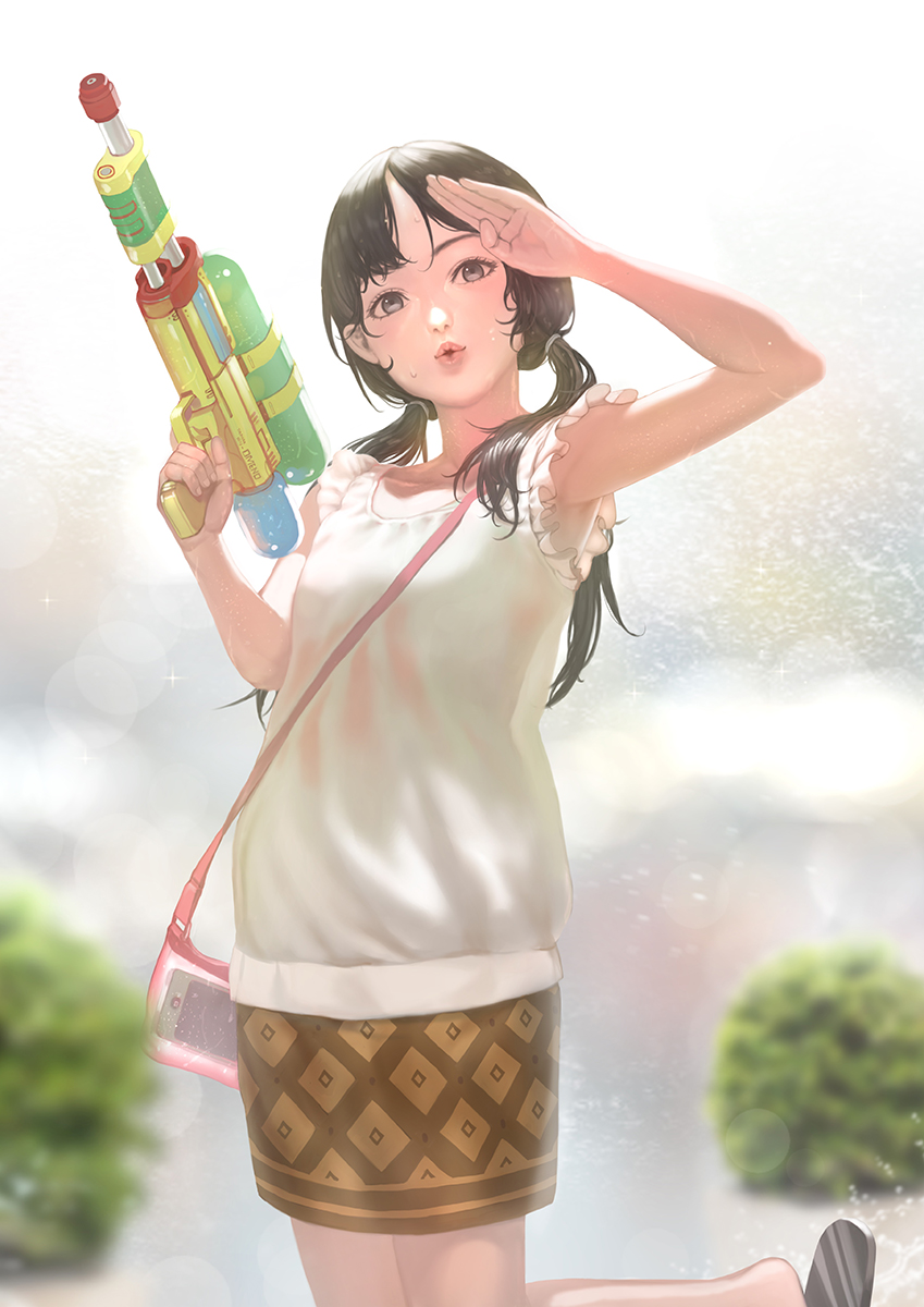 arm_up bag bangs bare_arms bare_shoulders black_hair blouse blurry blurry_background bokeh brown_skirt cellphone depth_of_field dress flip-flops grey_eyes gun handbag head_tilt highres holding holding_gun holding_weapon leg_up long_hair looking_at_viewer low_twintails no_socks original parted_bangs parted_lips pencil_skirt phone pursed_lips rungsak_sontayanont salute sandals skirt sleeveless smartphone solo standing super_soaker tree twintails water_gun weapon white_blouse white_dress