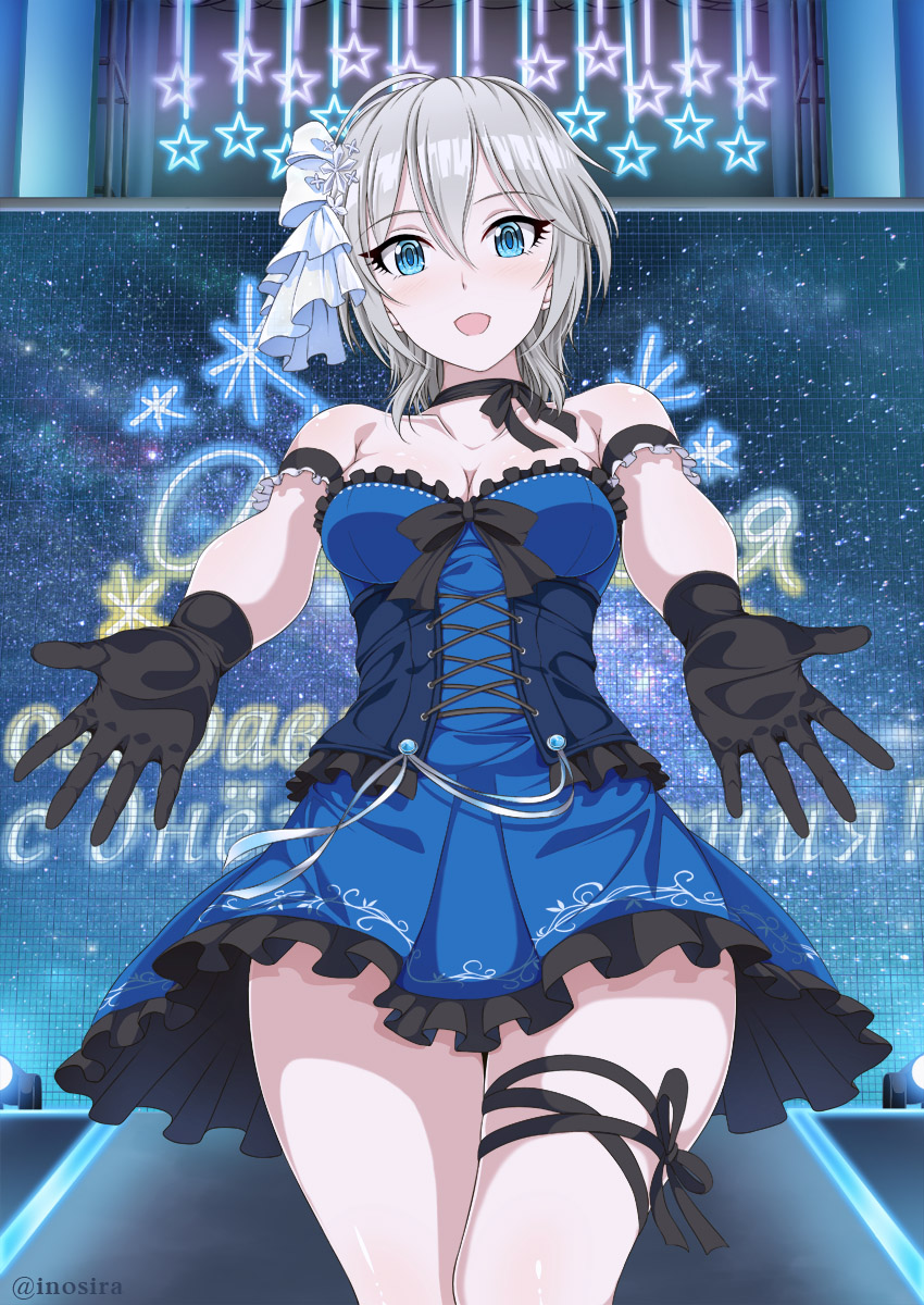 anastasia_(idolmaster) bare_shoulders black_gloves blue_dress blue_eyes breasts commentary_request corset cowboy_shot dress gloves hair_ornament highres idolmaster idolmaster_cinderella_girls inoshira looking_at_viewer medium_breasts outstretched_arms short_hair silver_hair solo star