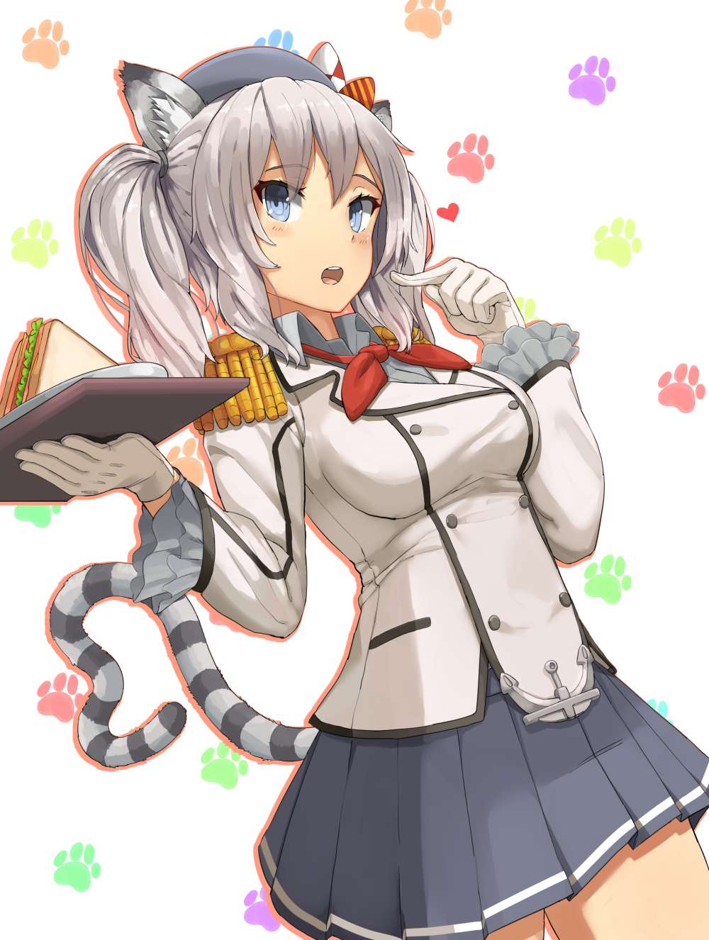 anchor animal_ears bangs blue_eyes blue_skirt blush breasts buttons cat_ears cat_tail commentary commentary_request epaulettes eyebrows_visible_through_hair eyes_visible_through_hair food frilled_sleeves frills gloves hat highres holding holding_plate jpeg_artifacts kantai_collection kashima_(kantai_collection) looking_at_viewer medium_breasts military military_uniform open_mouth paw_print plate pleated_skirt revision sandwich sidelocks silver_hair skirt solo soushou_nin standing tail two_side_up uniform white_gloves