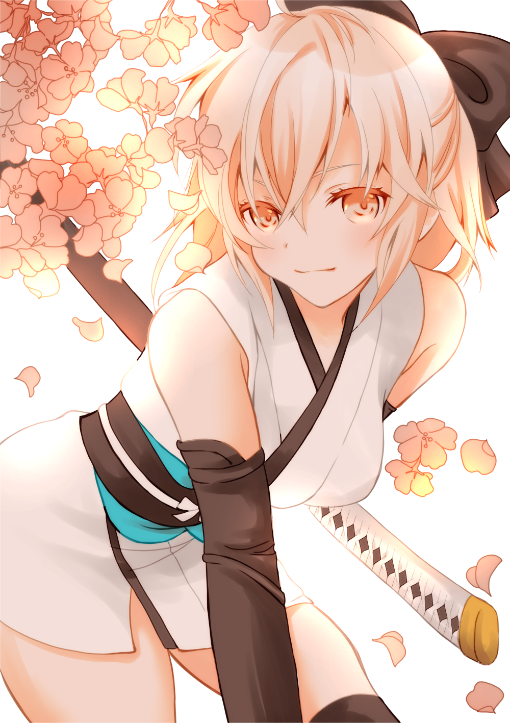 bad_id bad_pixiv_id black_bow black_legwear bow detached_sleeves fate/grand_order fate_(series) hair_between_eyes hair_bow half_updo highres holding holding_sword holding_weapon japanese_clothes katana kimono leaning_forward long_hair looking_at_viewer okita_souji_(fate) okita_souji_(fate)_(all) sheath sheathed sheepd short_kimono silver_hair solo standing sword thighhighs weapon white_kimono yellow_eyes