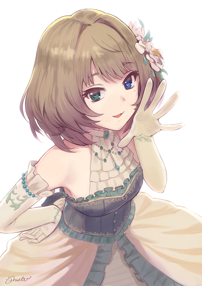bare_shoulders blue_eyes breasts brown_hair dress elbow_gloves eyebrows_visible_through_hair flower gloves green_eyes hair_flower hair_intakes hair_ornament heterochromia idolmaster idolmaster_cinderella_girls idolmaster_cinderella_girls_starlight_stage looking_at_viewer medium_breasts meto31 mole mole_under_eye short_hair signature simple_background smile takagaki_kaede white_background