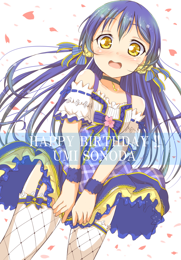 birthday blue_dress blue_hair blue_ribbon blush character_name choker collarbone commentary_request dress flower frilled_dress frills garter_straps hair_ornament long_hair looking_at_viewer love_live! love_live!_school_idol_project open_mouth petals qy ribbon simple_background skirt skirt_tug solo sonoda_umi surprised text_focus thighhighs white_background white_legwear wind wristband yellow_eyes