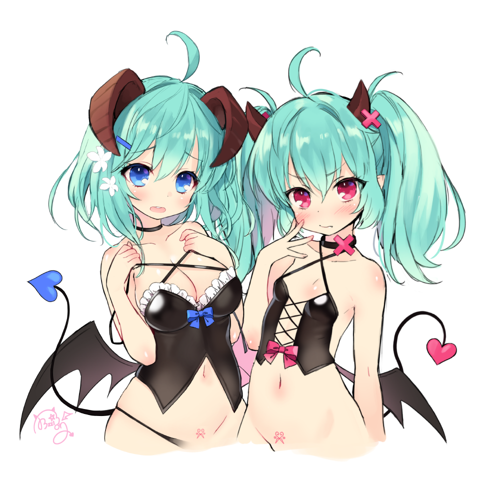 :s ahoge aqua_eyes aqua_hair bare_arms bare_shoulders black_choker black_dress black_panties blue_ribbon blush breasts byulzzimon choker cleavage collarbone corset demon_girl demon_horns demon_tail demon_wings dot_nose dress eyebrows_visible_through_hair fang fang_out flower frilled_dress frills hair_flower hair_ornament hairclip hand_on_own_cheek horns long_hair looking_at_viewer medium_breasts medium_hair multiple_girls navel off_shoulder open_mouth original out-of-frame_censoring panties pink_eyes pink_hair pubic_tattoo revealing_clothes ribbon signature simple_background small_breasts standing tail tattoo twintails underwear v-shaped_eyebrows white_background wings x_hair_ornament