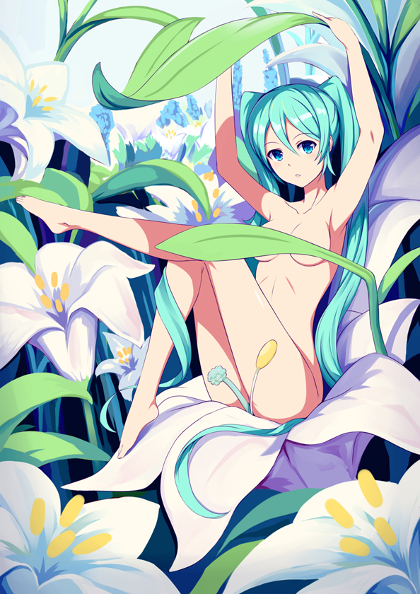 armpits arms_up bad_id bad_pixiv_id barefoot blue_eyes blue_hair breasts cleavage collarbone convenient_censoring day eyebrows_visible_through_hair fedsnk flower hair_between_eyes hatsune_miku long_hair looking_at_viewer medium_breasts nude outdoors parted_lips shiny shiny_skin solo twintails underboob very_long_hair vocaloid white_flower