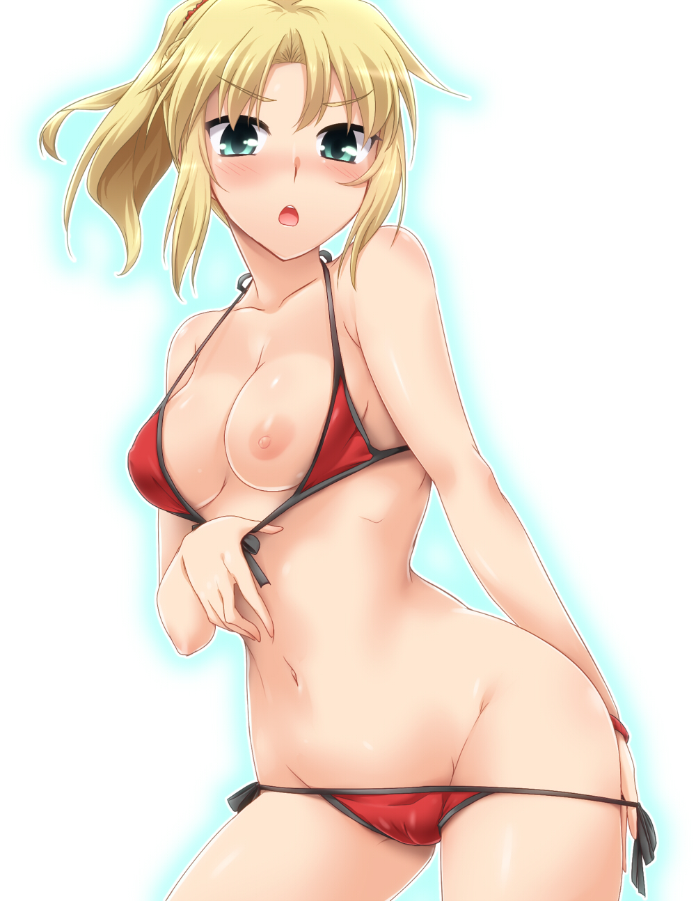 :o bangs bare_arms bare_shoulders bikini bikini_pull black_ribbon blonde_hair blue_background blush breasts cameltoe chestnut_mouth collarbone contrapposto covered_nipples cowboy_shot eyebrows_visible_through_hair fate/grand_order fate_(series) front-tie_bikini front-tie_top gradient gradient_background green_eyes groin halterneck highres leaning_to_the_side long_hair looking_at_viewer medium_breasts mordred_(fate)_(all) mordred_(swimsuit_rider)_(fate) navel nipples one_breast_out parted_bangs ponytail pulled_by_self red_bikini ribbon shiny shiny_skin side-tie_bikini sidelocks solo standing stomach strap_gap string_bikini swimsuit v-shaped_eyebrows yoshi_tama