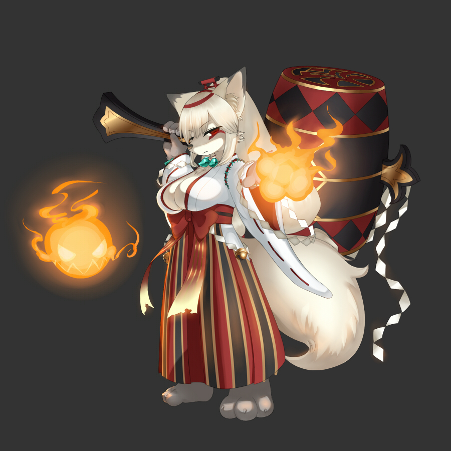 aiming_at_viewer animal_ears barefoot bell breasts cleavage facial_mark fire foreshortening fox_ears fox_girl fox_tail from_side frown fullbokko_heroes furry grey_background hakama hip_vent hitodama japanese_clothes jewelry long_hair long_ponytail looking_at_viewer looking_to_the_side mallet medium_breasts miko necklace obi open_hand over_shoulder oversized_object red_eyes ribbon-trimmed_sleeves ribbon_trim rope sash shimenawa silver_hair simple_background solo suke_(158628) tail torii_hair_ornament very_long_hair wide_sleeves