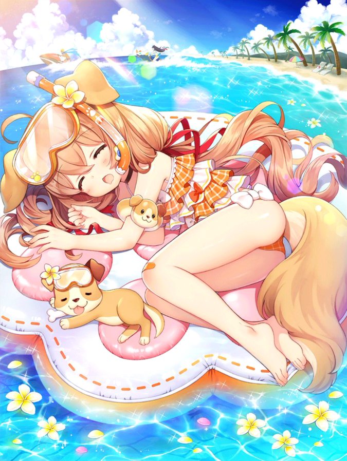 ahoge animal_ears armband bandaid bandaid_on_knee bare_shoulders beach blue_sky blush byulzzimon closed_eyes cloud cloudy_sky commentary_request day diving_mask_on_head dog dog_ears dog_girl dog_tail drooling facing_viewer flower frilled_swimsuit frills full_body hair_between_eyes hair_ribbon inflatable_toy island lying ocean on_side on_water open_mouth orange_swimsuit outdoors palm_tree paw_print petals plaid plumeria red_ribbon reflection ribbon shironeko_project sky sleeping solo_focus sparkle swimsuit tail tree water_surface wavy_hair