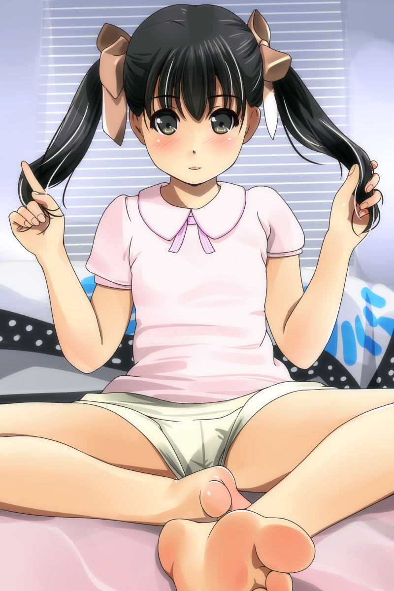 bangs barefoot bed black_hair blush bow brown_bow collared_shirt feet fingernails foreshortening hair_bow highres index_finger_raised indoors knees_apart_feet_together long_hair looking_at_viewer matsunaga_kouyou original parted_lips pink_shirt playing_with_own_hair shirt short_sleeves shorts shutter sitting smile soles solo tareme toes twintails w_arms white_shorts