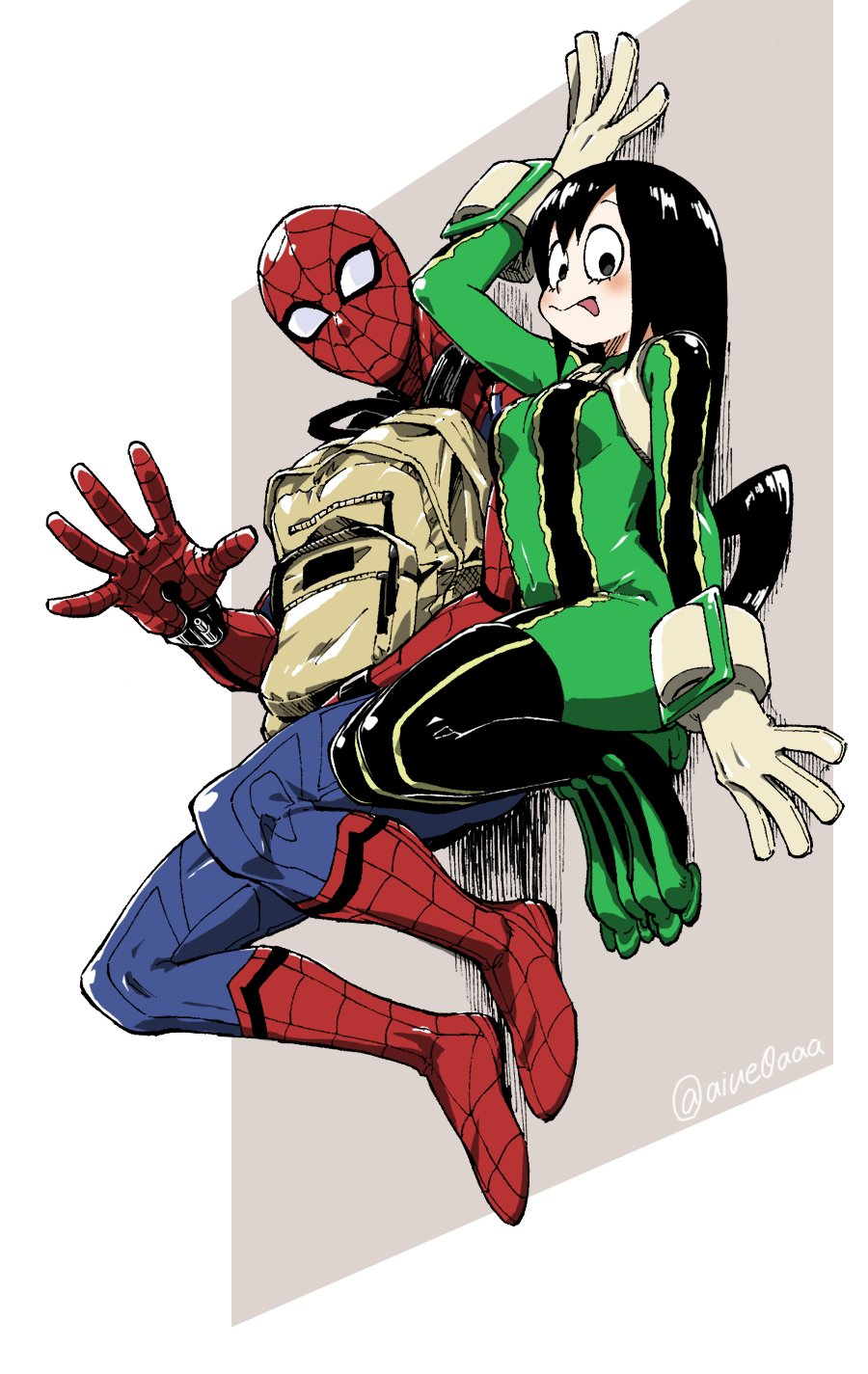1girl against_wall aiue0 asui_tsuyu bag black_eyes black_hair blush bodysuit boku_no_hero_academia breasts commentary_request covered_navel frog_girl full_body gloves highres long_hair looking_at_viewer marvel simple_background small_breasts spider-man spider-man_(series) tongue tongue_out twitter_username waving web_shooter white_background