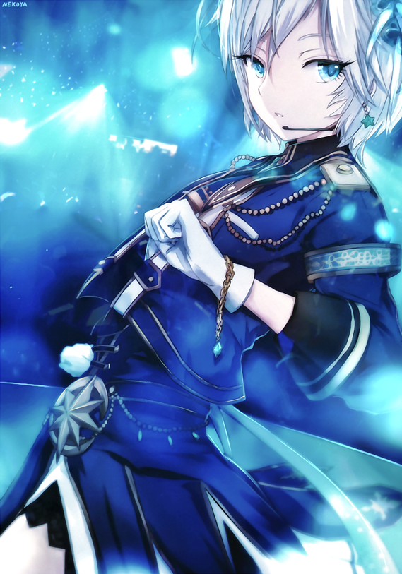 anastasia_(idolmaster) artist_name blue_eyes dyolf earrings gloves hair_between_eyes idolmaster idolmaster_cinderella_girls idolmaster_cinderella_girls_starlight_stage jewelry looking_at_viewer microphone parted_lips short_hair silver_hair solo stage standing white_gloves