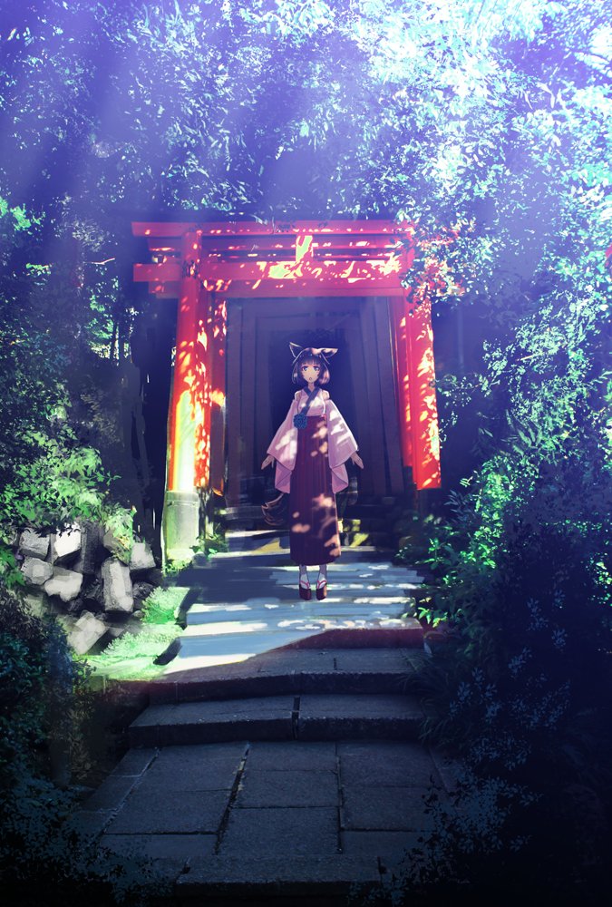 animal_ears bangs bow brown_hair commentary_request day facing_away hair_bow japanese_clothes light_rays long_hair long_sleeves multiple_torii nature open_mouth original outdoors scenery shade solo someya_mai stairs standing sunlight tail torii tree