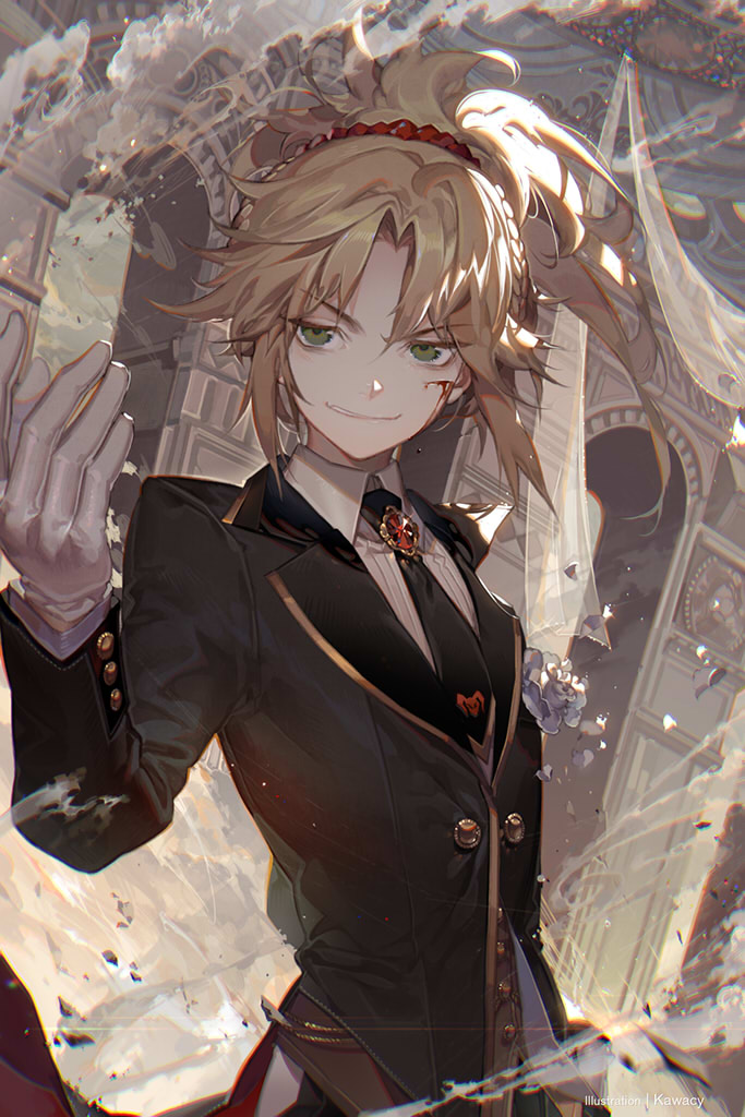 bangs beckoning black_neckwear blonde_hair blood coattails commentary_request cuts fate/apocrypha fate_(series) formal gloves grin hand_up heroic_spirit_formal_dress injury kawacy long_hair looking_at_viewer mordred_(fate) mordred_(fate)_(all) necktie outdoors parted_bangs parted_lips ponytail sidelocks smile smoke solo suit tomboy tsurime tuxedo upper_body white_gloves