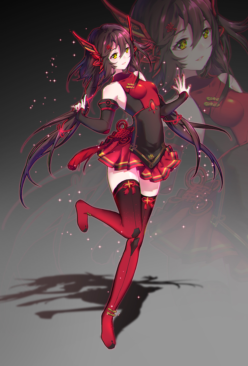 arms_at_sides detached_sleeves fingernails full_body hair_ornament highres leg_up long_hair looking_away no_shoes original purple_hair red_legwear shadow skin_tight sleeves_past_wrists solo standing standing_on_one_leg thighhighs twintails yellow_eyes yuzhi zettai_ryouiki zoom_layer