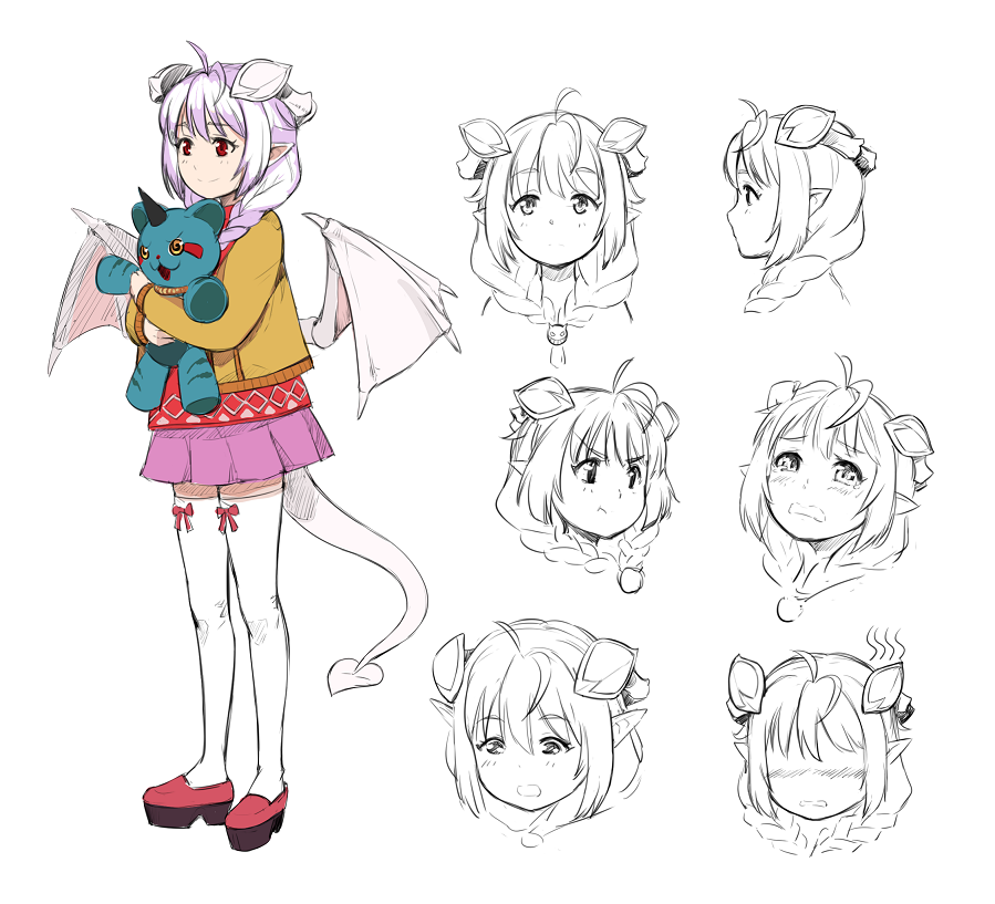 :o :t ahoge bangs blush braid child closed_mouth commentary_request crying crying_with_eyes_open demon_girl demon_horns demon_tail demon_wings embarrassed expressions eyebrows_visible_through_hair front_ponytail hair_over_shoulder holding holding_stuffed_animal horns jacket lavender_hair lilim_(monster_girl_encyclopedia) long_sleeves looking_at_viewer looking_down maritan_(pixelmaritan) monster_girl monster_girl_encyclopedia multiple_views original pink_skirt pleated_skirt pout profile red_eyes red_shirt runa shirt shoes simple_background skirt smile standing stuffed_animal stuffed_toy succubus tail tears thighhighs twin_braids white_background white_legwear wings yellow_jacket