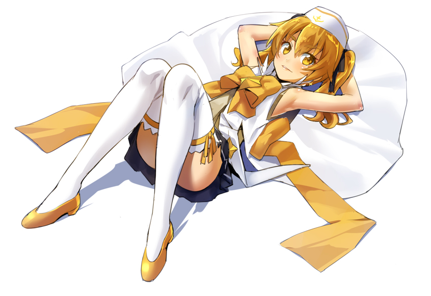 arms_behind_head black_ribbon blonde_hair chikugen_shiina flats hair_ribbon hikaru_(houkago_no_pleiades) houkago_no_pleiades looking_at_viewer lying on_back ribbon shoes simple_background skirt smile solo thighhighs twintails white_background white_legwear yellow_footwear