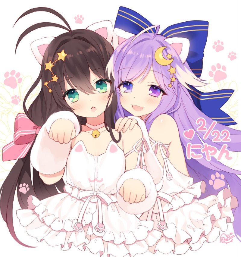 :&lt; :3 ahoge armband bangs bare_shoulders belt_collar blush bow brown_hair byulzzimon choker copyright_request crescent crescent_hair_ornament detached_sleeves dot_nose dress eyebrows_visible_through_hair frilled_dress frills green_eyes hair_between_eyes hair_bow hair_ornament lavender_hair long_hair looking_at_viewer multiple_girls open_mouth paw_pose paw_print pink_choker purple_eyes smile very_long_hair white_dress