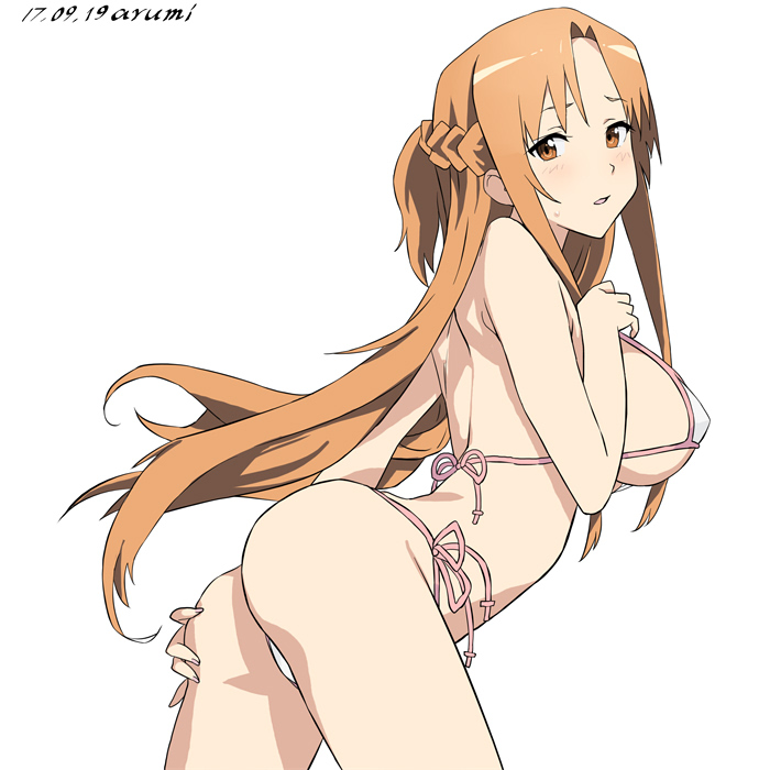 arched_back artist_name ass asuna_(sao) baba_arumi bangs bikini breasts brown_eyes brown_hair contrapposto cowboy_shot dated from_side half_updo hand_on_own_ass hand_on_own_chest large_breasts leaning_forward long_hair looking_at_viewer one_side_up parted_bangs parted_lips side-tie_bikini sideboob sidelocks simple_background solo standing string_bikini sweatdrop swimsuit sword_art_online very_long_hair white_background white_bikini