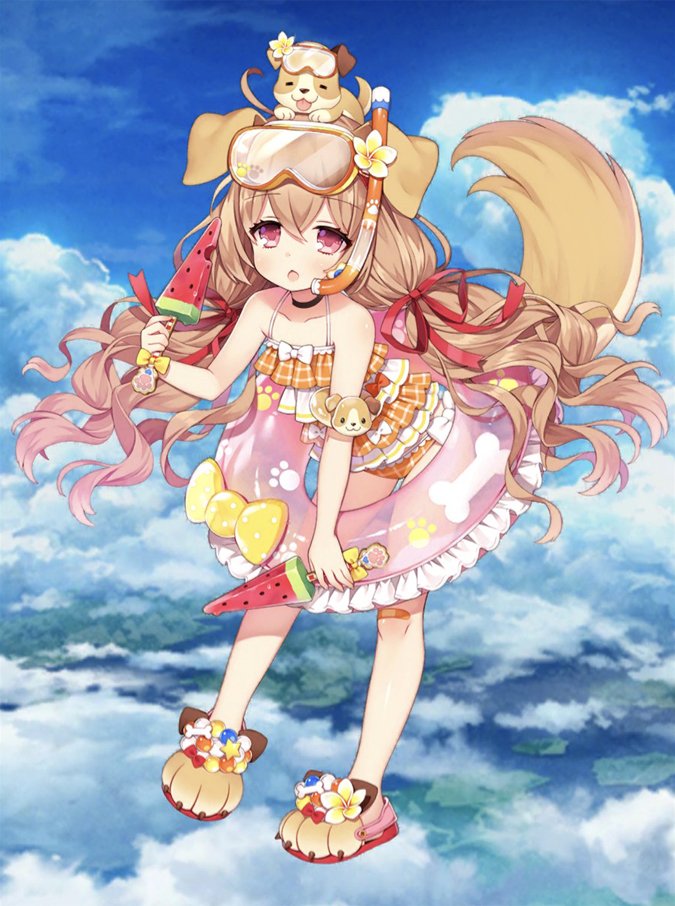 animal animal_ears animal_on_head armband bangs bare_shoulders blue_sky blush byulzzimon cloud cloudy_sky commentary_request day diving_mask_on_head dog dog_ears dog_girl dog_on_head dog_tail eyebrows_visible_through_hair flower flower_ornament food frilled_swimsuit frills full_body hair_between_eyes hair_flower hair_ornament holding holding_food innertube long_hair looking_at_viewer on_head orange_swimsuit parted_lips paws pink_eyes popsicle shironeko_project sky solo standing swimsuit tail very_long_hair watermelon_bar
