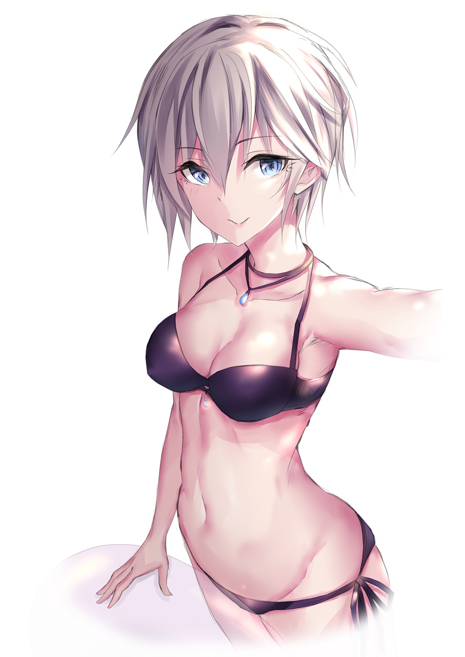 :&gt; anastasia_(idolmaster) arm_up armpits ball bangs bare_shoulders beachball bikini black_bikini black_choker black_ribbon blue_eyes breasts choker cleavage closed_mouth cowboy_shot eyebrows_visible_through_hair hair_between_eyes halter_top halterneck highres idolmaster idolmaster_cinderella_girls jewelry looking_at_viewer medium_breasts navel outstretched_arm pendant reaching_out ribbon seedkeng self_shot short_hair side-tie_bikini silver_hair simple_background smile solo standing stomach swimsuit tsurime white_background