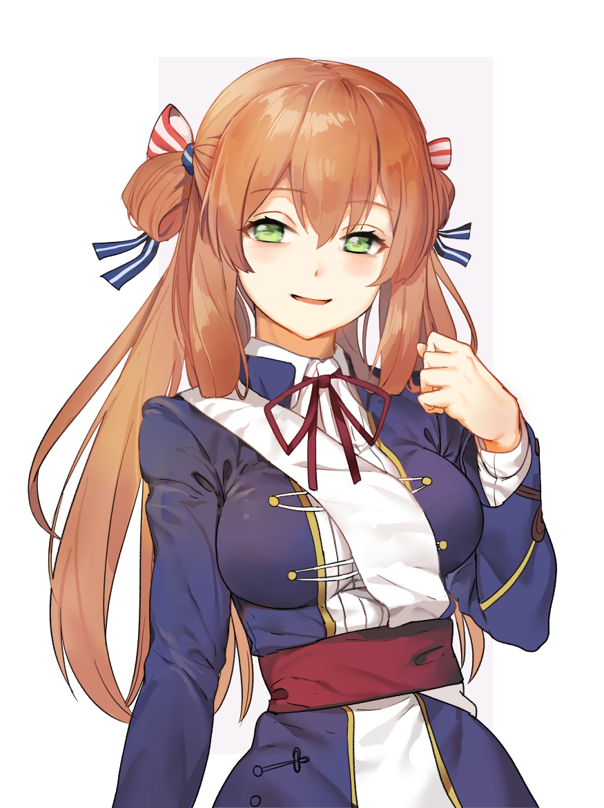 bangs blue_dress blush brown_hair commentary_request dress eyebrows_visible_through_hair girls_frontline green_eyes hair_between_eyes half-closed_eyes hand_up looking_at_viewer m1903_springfield_(girls_frontline) military military_uniform parted_lips sash shovelwell sidelocks simple_background smile solo two_side_up uniform upper_body white_background