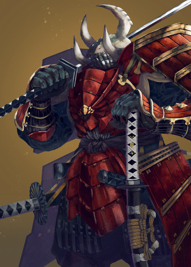 claws commentary_request cowboy_shot fingernails hand_on_hilt helmet holding holding_sword holding_weapon horned_helmet horocca japanese_armor katana male_focus monster multiple_swords no_humans over_shoulder overlord_(maruyama) samurai sharp_fingernails sheath sheathed standing sword teeth warrior_takemikazuchi weapon weapon_over_shoulder yellow_background