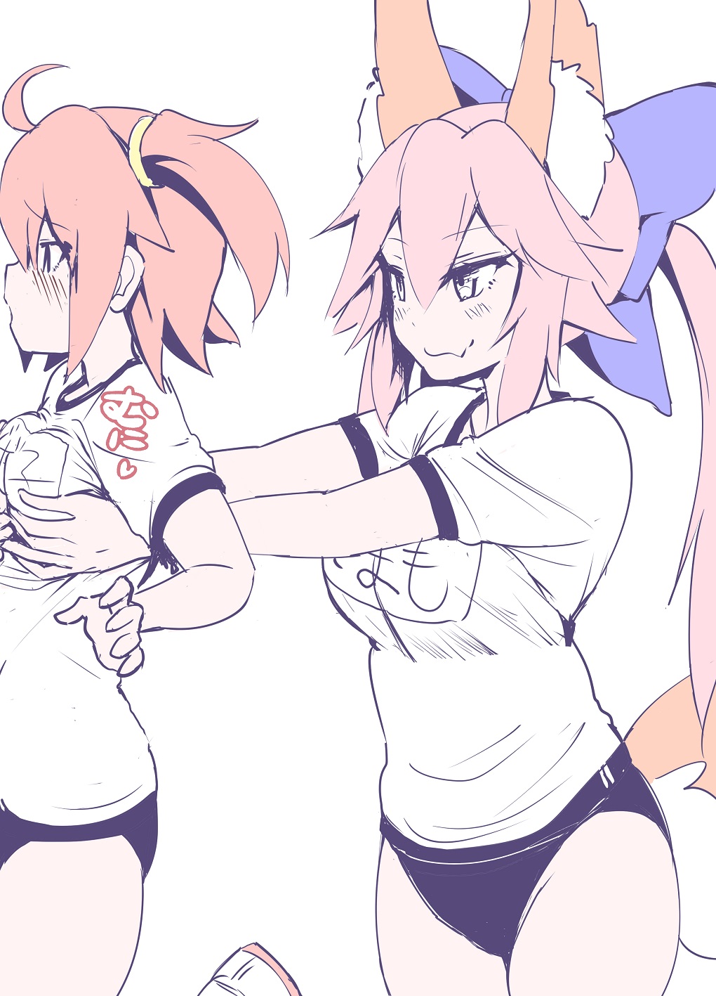 ahoge alternate_costume animal_ear_fluff animal_ears ass blush breast_grab breasts buruma buruma_pull collarbone fate/extra fate/grand_order fate_(series) fox_ears fox_tail fujimaru_ritsuka_(female) grabbing gym_uniform hair_ornament hair_scrunchie hand_on_hip highres large_breasts looking_at_another multiple_girls name_tag open_mouth orange_eyes orange_hair pink_hair scrunchie shirt short_hair side_ponytail simple_background tail tamamo_(fate)_(all) tamamo_no_mae_(fate) white_background wisespeak yellow_eyes yuri