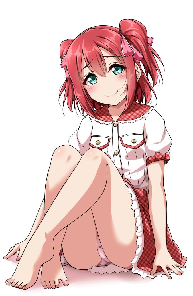 aqua_eyes ass bangs bare_legs barefoot blush breast_pocket commentary_request crossed_ankles hair_ribbon knees_up kurosawa_ruby looking_at_viewer love_live! love_live!_sunshine!! panties pantyshot pantyshot_(sitting) pink_panties pink_ribbon pocket red_hair red_skirt ribbon short_sleeves simple_background sitting skirt smile solo two_side_up underwear white_background yopparai_oni