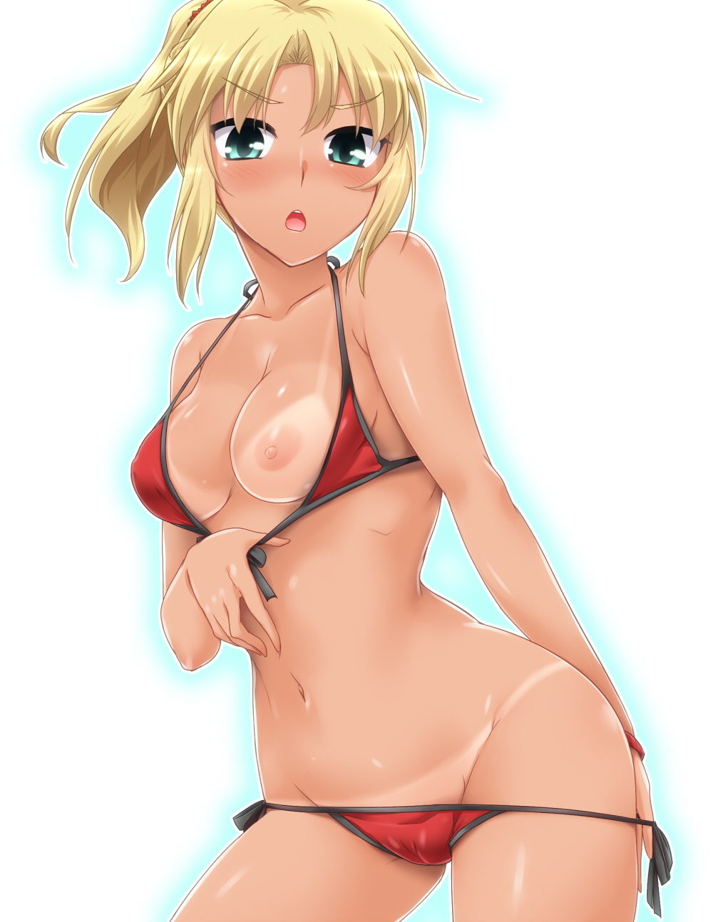:o bangs bare_arms bare_shoulders bikini bikini_pull bikini_tan black_ribbon blonde_hair blue_background blush breasts cameltoe chestnut_mouth collarbone contrapposto covered_nipples cowboy_shot eyebrows_visible_through_hair fate/grand_order fate_(series) front-tie_bikini front-tie_top gradient gradient_background green_eyes groin halterneck highres leaning_to_the_side long_hair looking_at_viewer medium_breasts mordred_(fate)_(all) mordred_(swimsuit_rider)_(fate) navel nipples one_breast_out parted_bangs ponytail pulled_by_self red_bikini ribbon shiny shiny_skin side-tie_bikini sidelocks solo standing stomach strap_gap string_bikini swimsuit tan tanline v-shaped_eyebrows yoshi_tama