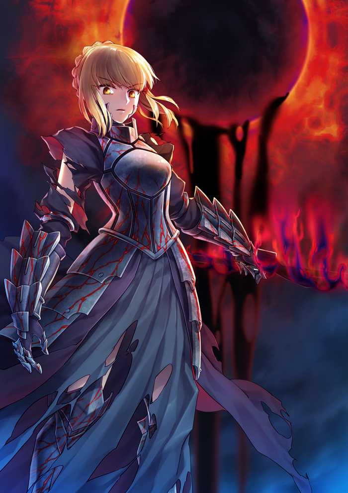 armor armored_boots armored_dress artoria_pendragon_(all) black_armor black_dress blonde_hair boots dark_excalibur dress eclipse eyebrows_visible_through_hair fate/hollow_ataraxia fate_(series) floating_hair gauntlets holding holding_sword holding_weapon looking_at_viewer parted_lips saber_alter sidelocks solo standing sword thigh_boots thighhighs torn_clothes torn_dress weapon yellow_eyes yeruen