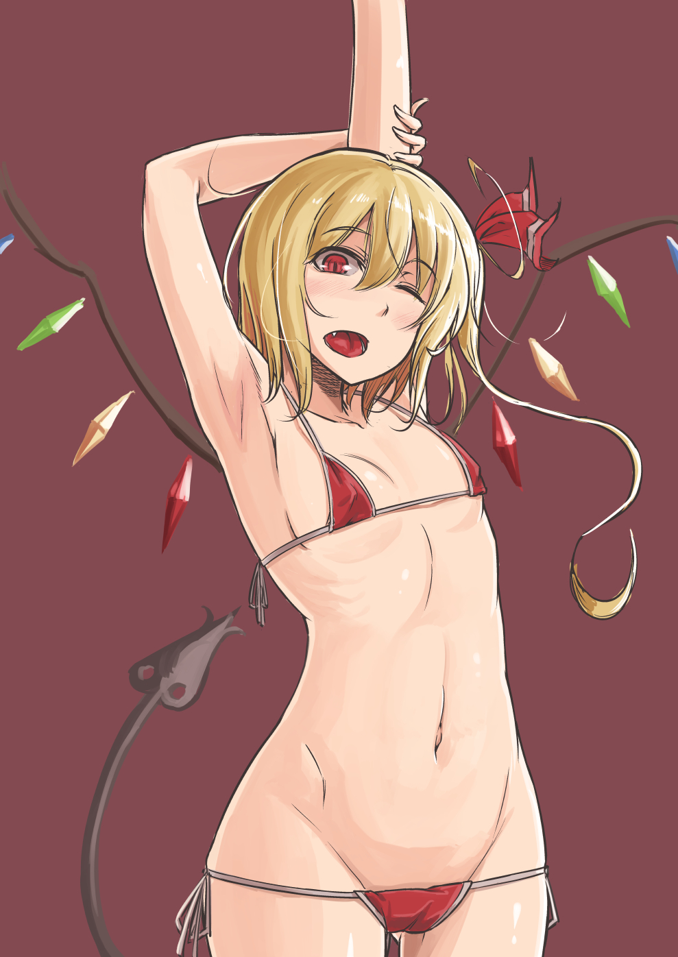 armpits arms_up ass_visible_through_thighs bikini blonde_hair breasts cameltoe commentary_request covered_nipples cowboy_shot eyebrows_visible_through_hair fang flandre_scarlet groin hair_between_eyes halter_top halterneck hand_on_own_arm highres hip_bones laevatein_(tail) long_hair looking_at_viewer m92fs micro_bikini navel one_eye_closed open_mouth red_bikini red_eyes ribs side-tie_bikini simple_background slit_pupils small_breasts solo standing stomach stretch string_bikini swimsuit tail touhou wings yawning