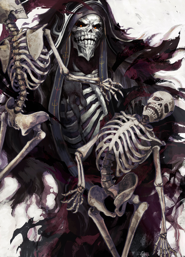 ainz_ooal_gown black_robe black_sclera commentary_request death hood hood_up horocca horror_(theme) looking_at_viewer magic necromancer overlord_(maruyama) red_eyes ribs robe skeleton skull