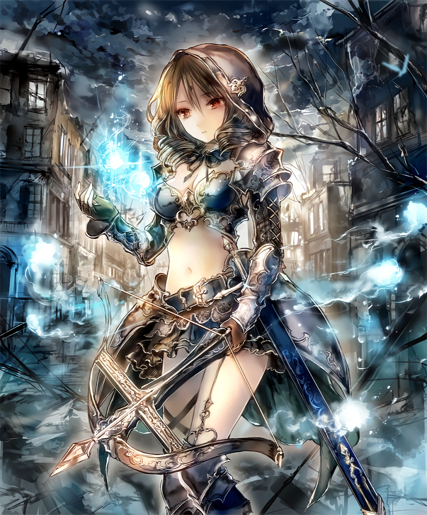 arrow artist_request bow_(weapon) brown_hair crossbow cygames deathchaser fingerless_gloves gloves hitodama hood hood_up looking_at_viewer navel official_art red_eyes revealing_clothes scabbard shadowverse sheath shingeki_no_bahamut skirt sword town tree weapon