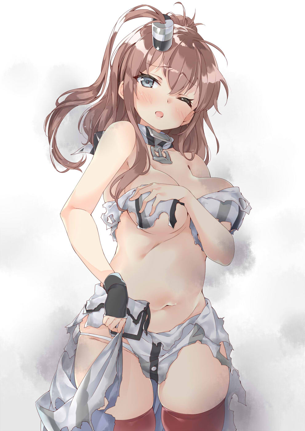 ;o anchor bare_shoulders black_gloves blue_eyes blush breasts brown_hair covering covering_breasts cowboy_shot ebifurya eyebrows_visible_through_hair fingerless_gloves gloves hair_between_eyes hair_ornament highres kantai_collection large_breasts looking_at_viewer midriff navel one_eye_closed one_side_up panties red_legwear remodel_(kantai_collection) saratoga_(kantai_collection) simple_background single_glove single_sidelock solo thick_thighs thighhighs thighs torn_clothes underwear white_background white_panties
