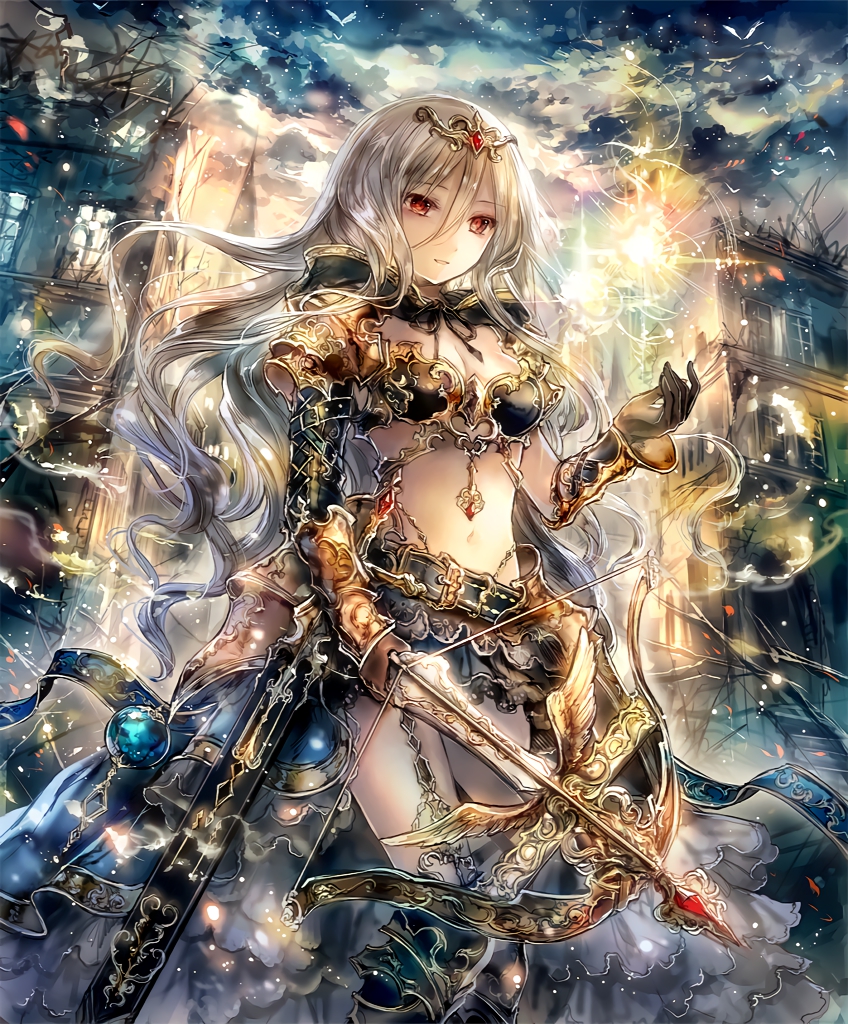 arrow artist_request bow_(weapon) circlet crossbow cygames deathchaser gold_trim hitodama hood hood_down long_hair looking_at_viewer navel official_art red_eyes revealing_clothes scabbard shadowverse sheath shingeki_no_bahamut skirt sword town tree weapon white_hair