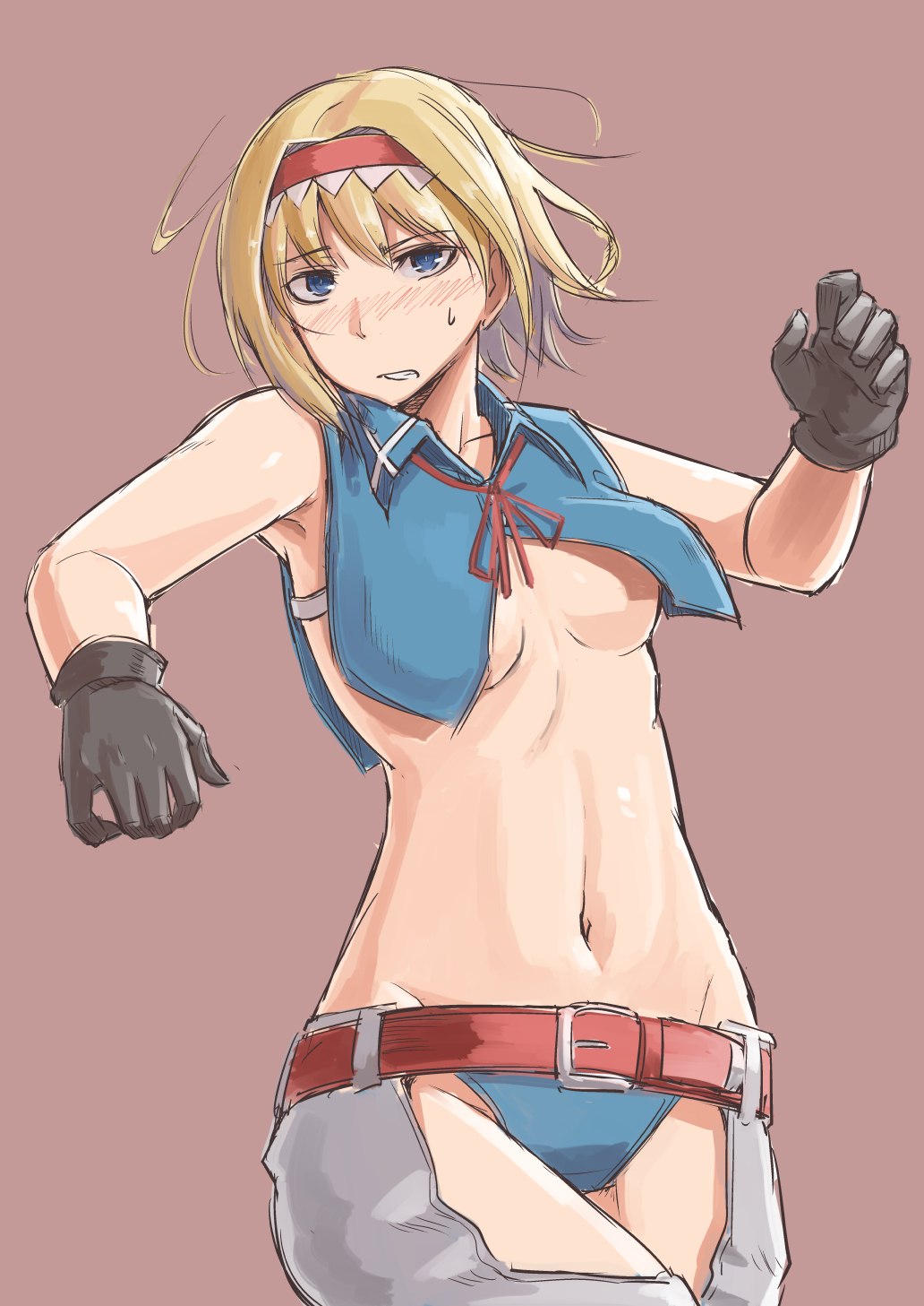 adapted_costume alice_margatroid alternate_costume armpits bare_arms bare_shoulders belt belt_buckle black_gloves blonde_hair blue_eyes blue_panties blush breasts brown_background buckle clenched_teeth collarbone cowboy_shot crotchless_pants embarrassed eyebrows_visible_through_hair floating_hair gloves groin hairband hands_up highres lolita_hairband looking_at_viewer m92fs midriff navel no_bra nose_blush panties pants parted_lips short_hair simple_background small_breasts solo standing stomach sweatdrop teeth touhou underboob underwear vest wing_collar