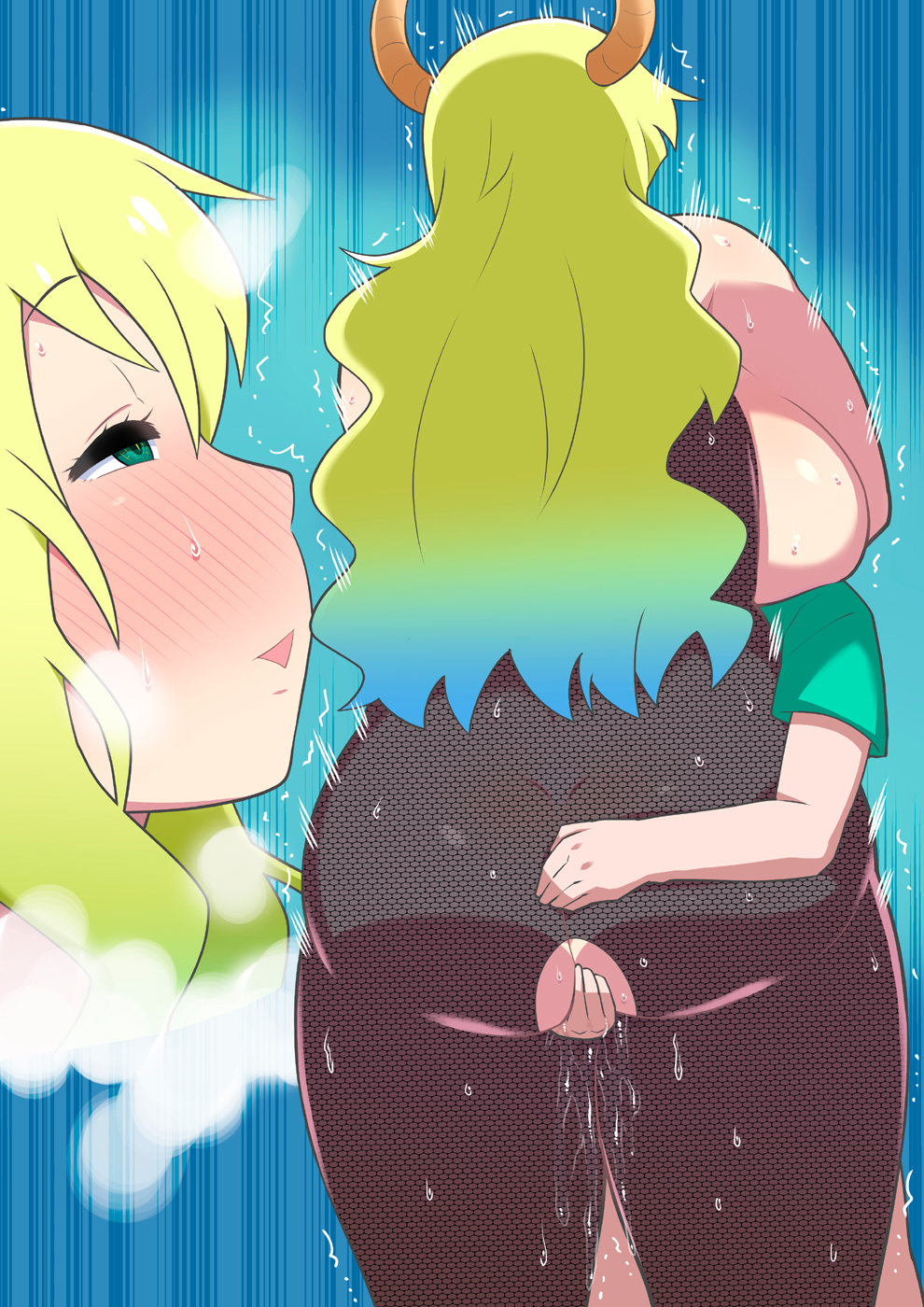 1girl ass back bare_arms blush breast_press breastless_clothes breasts close-up crotchless crotchless_clothes dimples_of_venus fingering fishnets from_behind full-face_blush green_eyes half-closed_eyes happy highres horns hug huge_breasts kobayashi-san_chi_no_maidragon legs long_hair magatsuchi_shouta multicolored_hair no_panties parted_lips plump pussy_juice quetzalcoatl_(maidragon) simple_background sleeveless smile standing sweatdrop tetrodotoxin thick_thighs thighs trembling wet