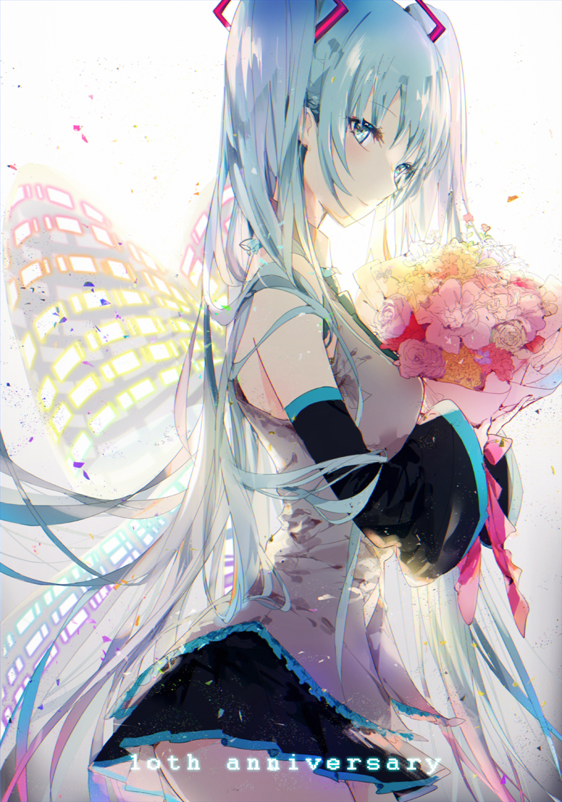 anniversary backlighting bangs black_skirt blue_eyes blue_hair bouquet collared_shirt commentary_request cowboy_shot detached_sleeves eyebrows_visible_through_hair flower from_side glowing grey_shirt hands_up hatsune_miku holding holding_bouquet kinokohime light_smile long_hair looking_at_viewer md5_mismatch pleated_skirt shirt sidelocks skirt sleeveless sleeveless_shirt smile solo twintails very_long_hair vocaloid wings