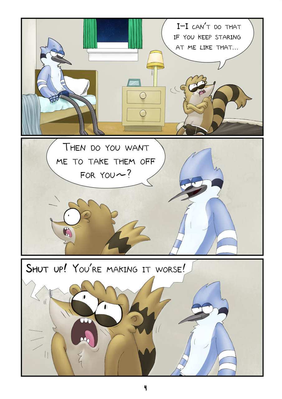 anthro avian beak bedroom bird blue_jay bulge cartoon_network clothing comic corvid duo embarrassed feathers fur male male/male mammal mordecai_(regular_show) raccoon regular_show rigby_(regular_show) salemnoirex sweaciabic sweaiabic trampoline underwear