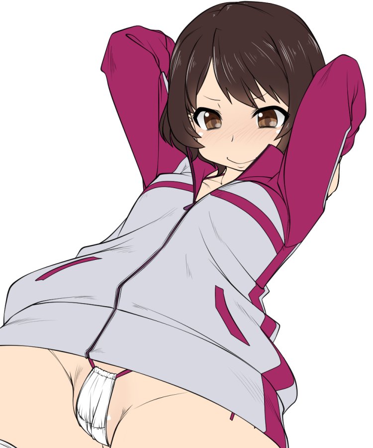 arms_behind_head bangs blush bra cameltoe closed_mouth commentary_request cowboy_shot crotch_seam dutch_angle eyebrows_visible_through_hair groin jacket long_sleeves looking_at_viewer looking_down no_pants nurugamer-kouyouju panties purple_jacket shinmon_megumi short_hair simple_background smile solo standing tomica_hyper_rescue_drive_head:_kidou_kyuukyuu_keisatsu track_jacket underwear white_background white_bra white_panties
