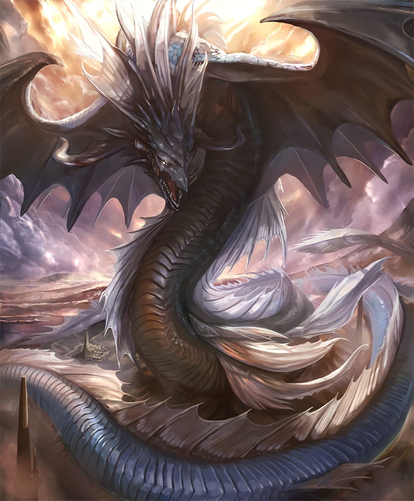 cloud cloudy_sky cygames dragon dragon_horns dragon_wings fins genesis_dragon horns no_humans official_art scales shadowverse shingeki_no_bahamut sky spines spire wings
