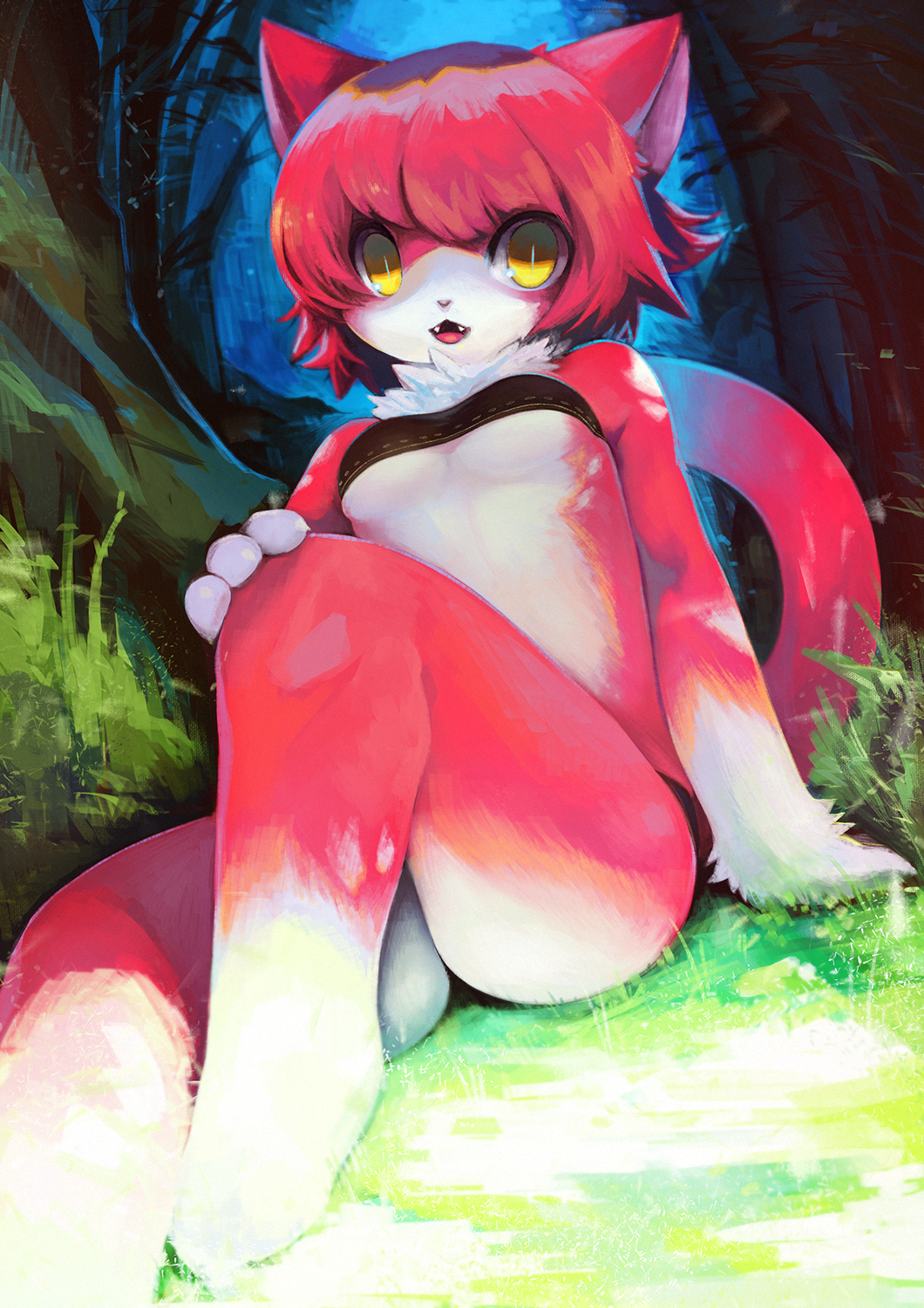 2017 anthro big_eyes breasts cat chest_tuft clothed clothing detailed_background feline forest fur gloves_(marking) hair hi_res kane780302 kemono looking_at_viewer mammal markings multicolored_fur outside red_fur red_hair short_hair sitting skimpy slit_pupils small_breasts socks_(marking) teeth tree tuft two_tone_fur under_boob white_fur yellow_eyes