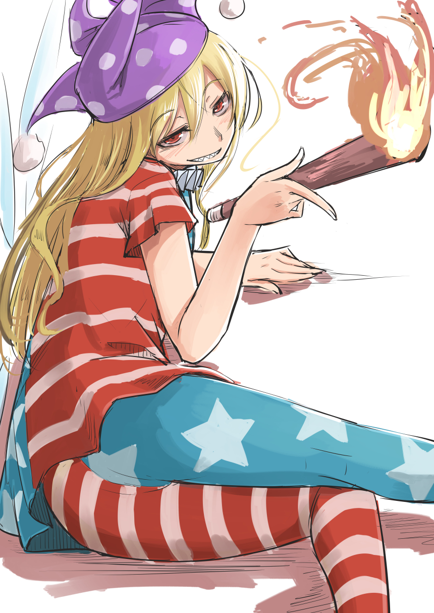 american_flag american_flag_legwear american_flag_shirt arm_support bare_back blonde_hair clownpiece crotch_seam eyebrows_visible_through_hair fairy_wings feet_out_of_frame fire from_behind grin hair_between_eyes half-closed_eyes hat head_tilt highres holding jester_cap long_hair looking_at_viewer looking_back lying m92fs neck_ruff on_side pantyhose polka_dot print_legwear red_eyes sharp_teeth short_sleeves simple_background smile solo star star_print striped striped_legwear teeth torch touhou white_background wings