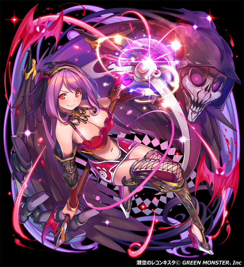 &gt;:) black_background blush breasts closed_mouth commentary_request detached_sleeves eyebrows_visible_through_hair full_body holding holding_staff large_breasts long_hair looking_at_viewer magic navel navel_cutout official_art original pop_kyun purple_hair red_eyes red_skirt shoes skirt skull smile solo staff thighhighs v-shaped_eyebrows watermark